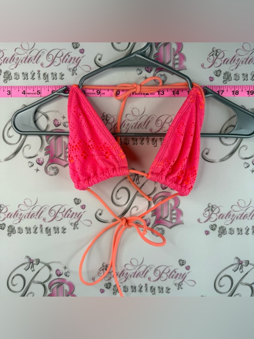 G21 Bikini Top Neon Pink Crochet Triangle Bikini Top with Orange Ties Y2K Neon